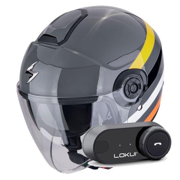 Casque Jet Scorpion Exo City II Bee Grey Yellow Black + Kit Bluetooth Lokui K30