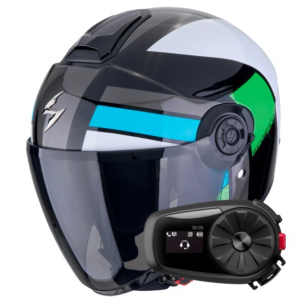 Casque Jet Scorpion Exo City II Blur Black White Green + Kit Bluetooth 5S