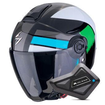 Casque Jet Scorpion Exo City II Blur Black White Green + Kit Bluetooth BT Mini