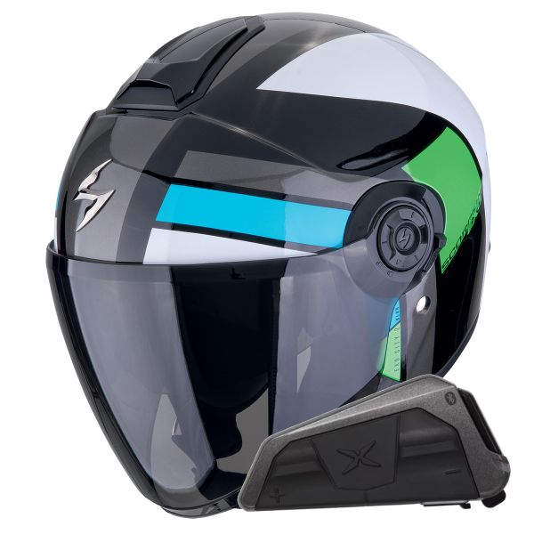 Casque Jet Scorpion Exo City II Blur Black White Green + Kit bluetooth Exo-Com Link-1