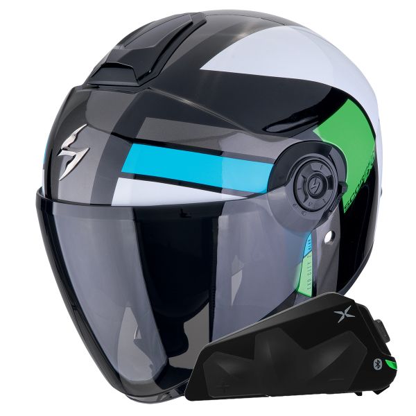 Casque Jet Scorpion Exo City II Blur Black White Green + Kit bluetooth Exo-Com Link-1C