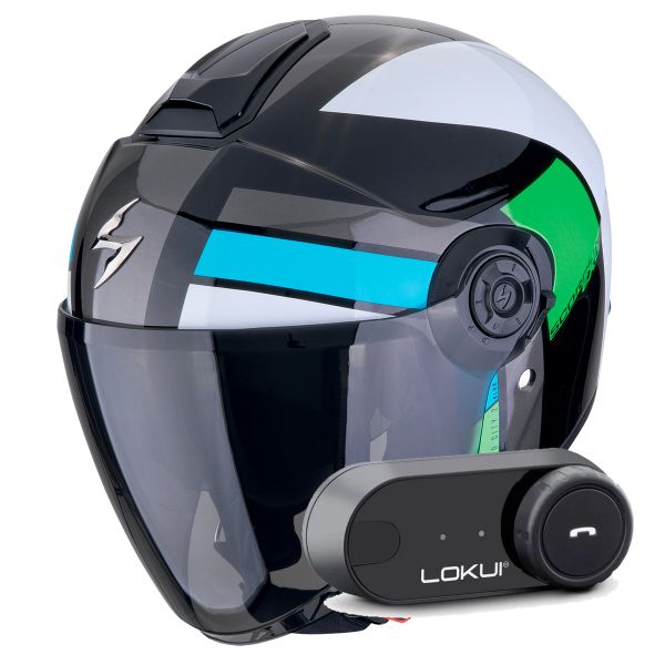 Casque Jet Scorpion Exo City II Blur Black White Green + Kit Bluetooth Lokui K30