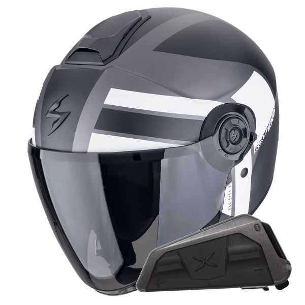 Casque Jet Scorpion Exo City II Blur Silver Matt Black White + Kit bluetooth Exo-Com Link-1