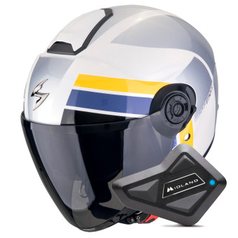 Casque Jet Scorpion Exo City II Blur White Silver Yellow + Kit Bluetooth BT Mini Casque Jet Scorpion Exo City II Blur White Silver Yellow + Kit Bluetooth BT Mini