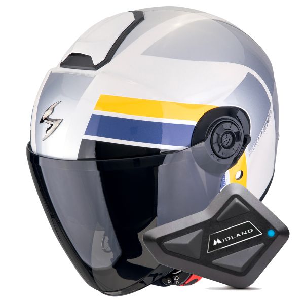 Casque Jet Scorpion Exo City II Blur White Silver Yellow + Kit Bluetooth BT Mini