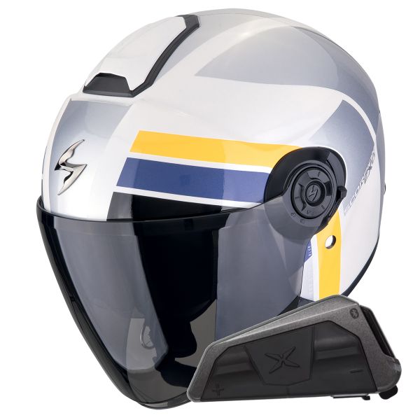 Casque Jet Scorpion Exo City II Blur White Silver Yellow + Kit bluetooth Exo-Com Link-1