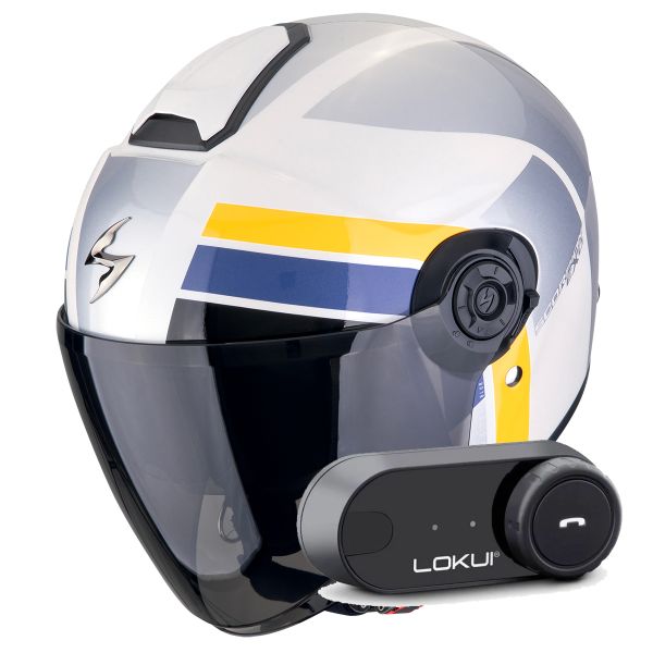 Casque Jet Scorpion Exo City II Blur White Silver Yellow + Kit Bluetooth Lokui K30