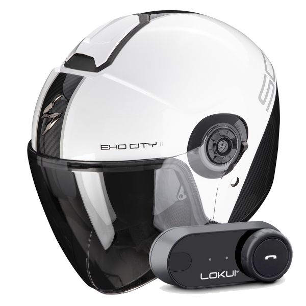 Casque Jet Scorpion Exo City II Carbo White Black + Kit Bluetooth Lokui K30