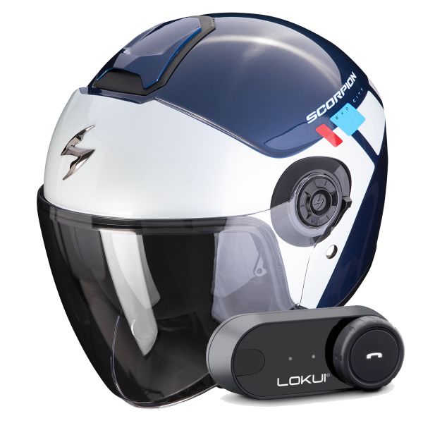 Casque Jet Scorpion Exo City II Mall Blue White Red + Kit Bluetooth Lokui K30