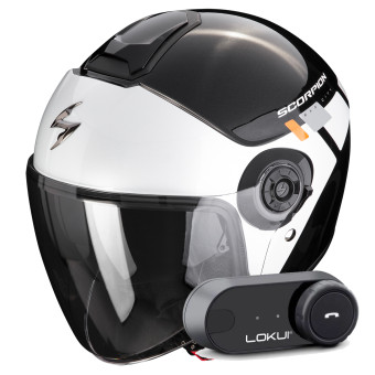 Casque Jet Scorpion Exo City II Mall Metal Black White Silver + Kit Bluetooth Lokui K30