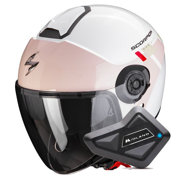 Casque Jet Scorpion Exo City II Mall White Pink Green + Kit Bluetooth BT Mini