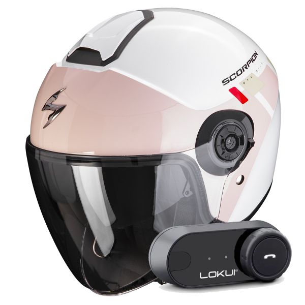 Casque Jet Scorpion Exo City II Mall White Pink Green + Kit Bluetooth Lokui K30