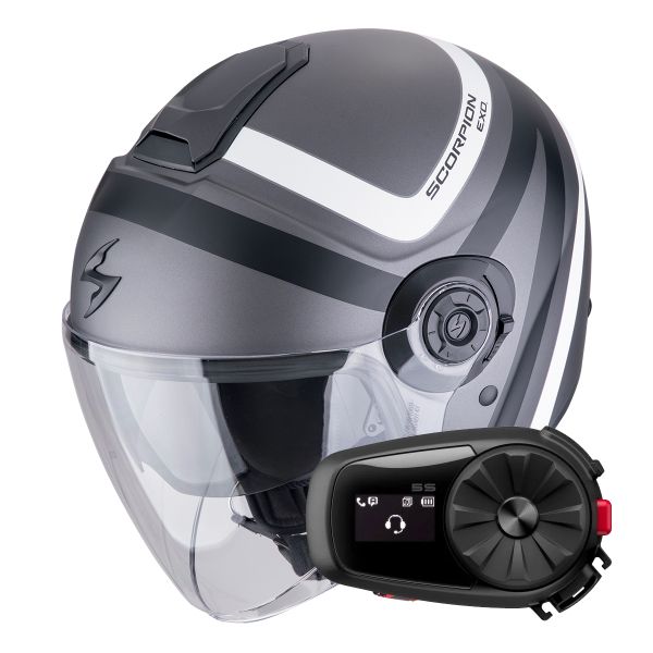 Casque Jet Scorpion Exo City II Riva Silver Matt Black White + Kit Bluetooth 5S