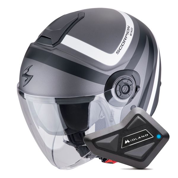 Casque Jet Scorpion Exo City II Riva Silver Matt Black White + Kit Bluetooth BT Mini