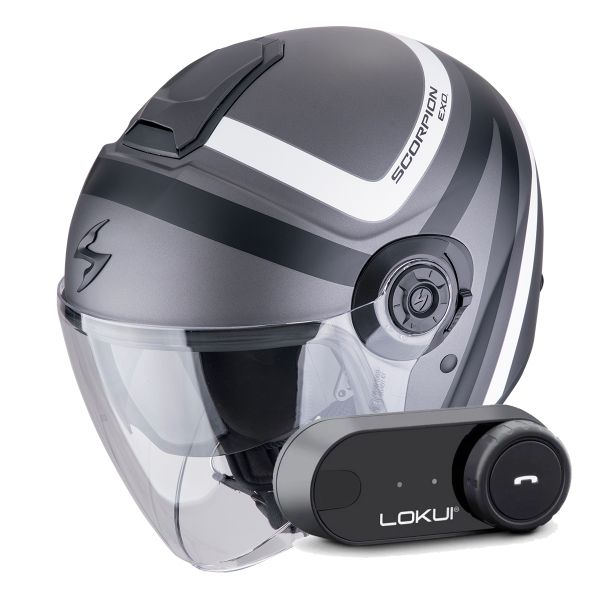 Casque Jet Scorpion Exo City II Riva Silver Matt Black White + Kit Bluetooth Lokui K30