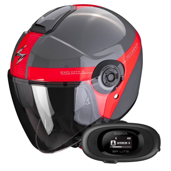 Casque Jet Scorpion Exo City II Short Grey Red + Kit bluetooth 5R Lite