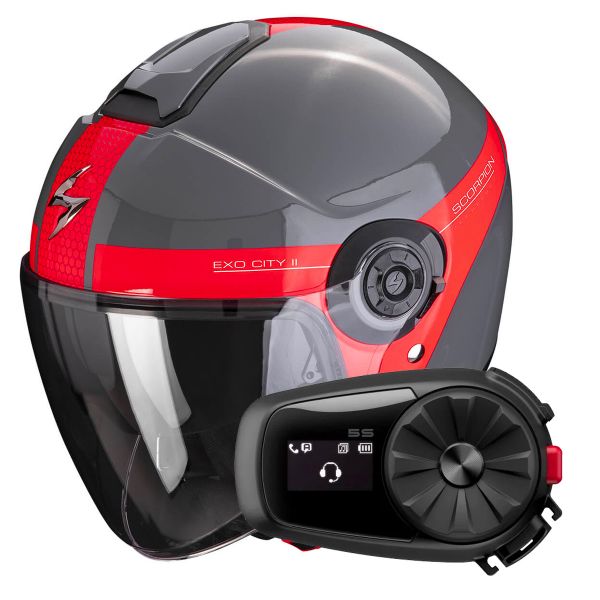 Casque Jet Scorpion Exo City II Short Grey Red + Kit Bluetooth 5S