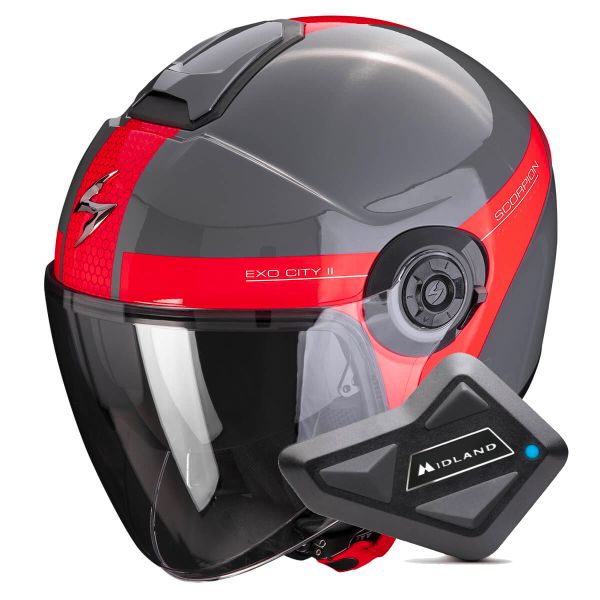 Casque Jet Scorpion Exo City II Short Grey Red + Kit Bluetooth BT Mini
