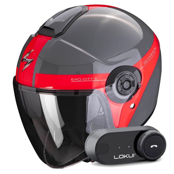 Casque Jet Scorpion Exo City II Short Grey Red + Kit Bluetooth Lokui K30