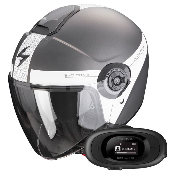 Casque Jet Scorpion Exo City II Short Matt Silver White + Kit bluetooth 5R Lite