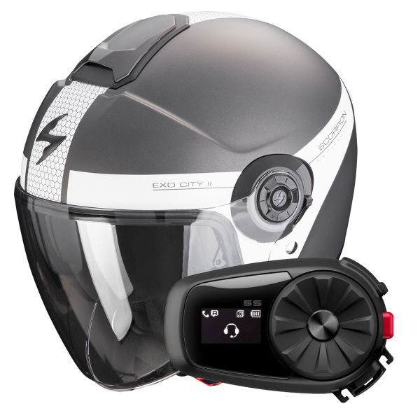 Casque Jet Scorpion Exo City II Short Matt Silver White + Kit Bluetooth 5S