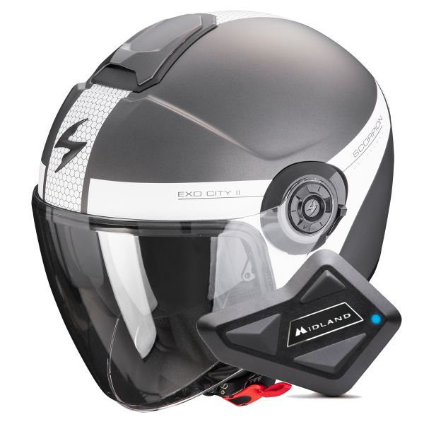 Casque Jet Scorpion Exo City II Short Matt Silver White + Kit Bluetooth BT Mini