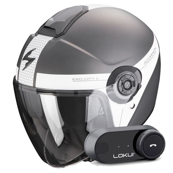 Casque Jet Scorpion Exo City II Short Matt Silver White + Kit Bluetooth Lokui K30