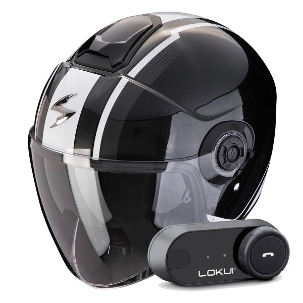 Casque Jet Scorpion Exo City II Vel Metal Black White + Kit Bluetooth Lokui K30