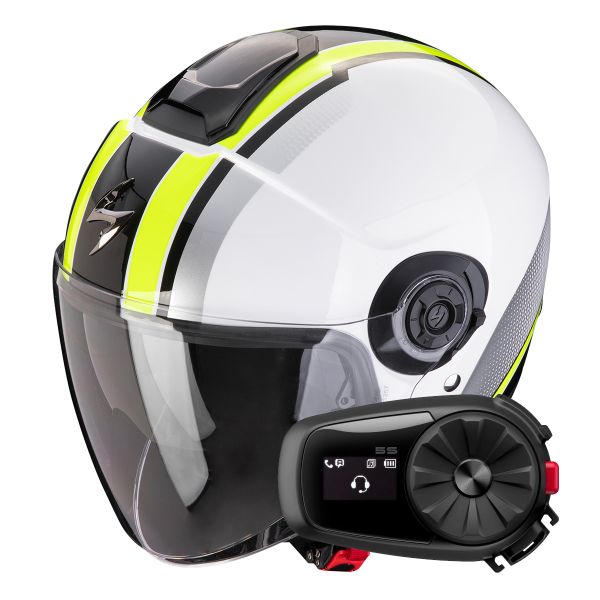 Casque Jet Scorpion Exo City II Vel White Yellow Fluo + Kit Bluetooth 5S Solo Casque Jet Scorpion Exo City II Vel White Yellow Fluo + Kit Bluetooth 5S Solo
