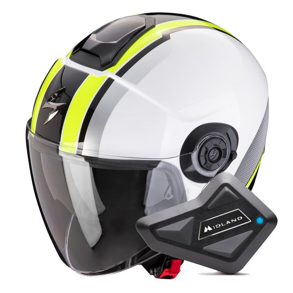 Casque Jet Scorpion Exo City II Vel White Yellow Fluo + Kit Bluetooth BT Mini Casque Jet Scorpion Exo City II Vel White Yellow Fluo + Kit Bluetooth BT Mini