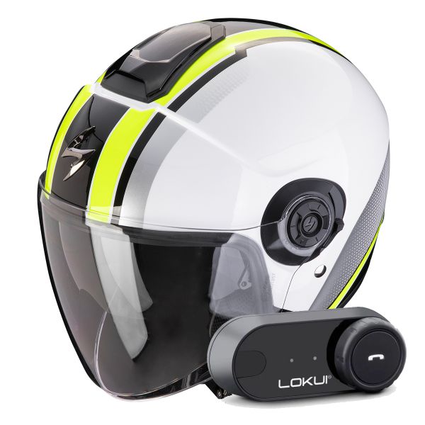 Casque Jet Scorpion Exo City II Vel White Yellow Fluo + Kit Bluetooth Lokui K30 Casque Jet Scorpion Exo City II Vel White Yellow Fluo + Kit Bluetooth Lokui K30