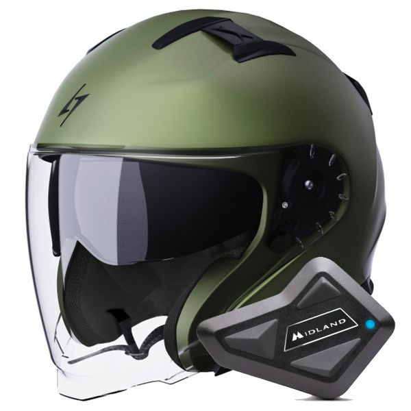 Casque Jet Stormer Rival Kaki Matt + Kit Bluetooth BT Mini