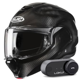 Casque Modulable HJC F100 Carbon Black + Kit Bluetooth Lokui K30