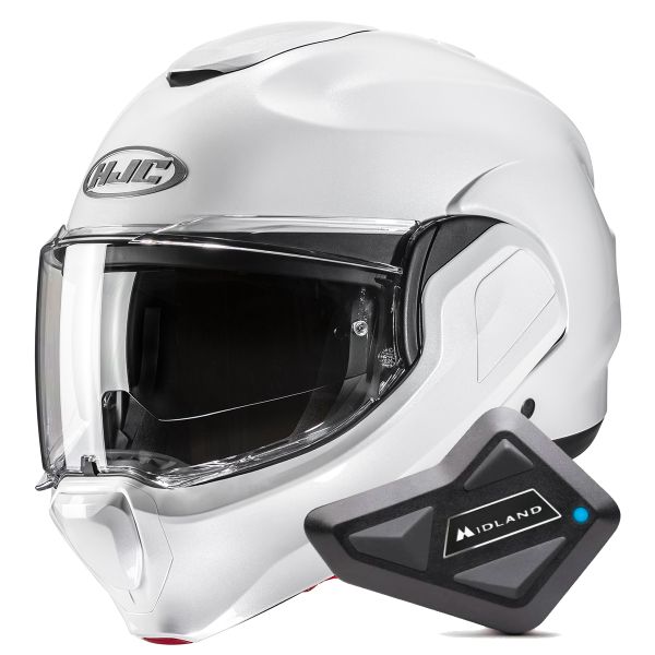 Casque Modulable HJC F100 Pearl White + Kit Bluetooth BT Mini