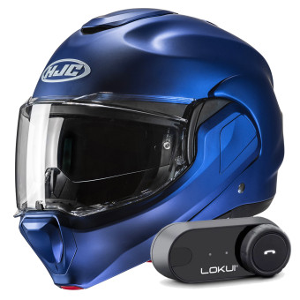 Casque Modulable HJC F100 Semi Flat Metallic Blue + Kit Bluetooth Lokui K30