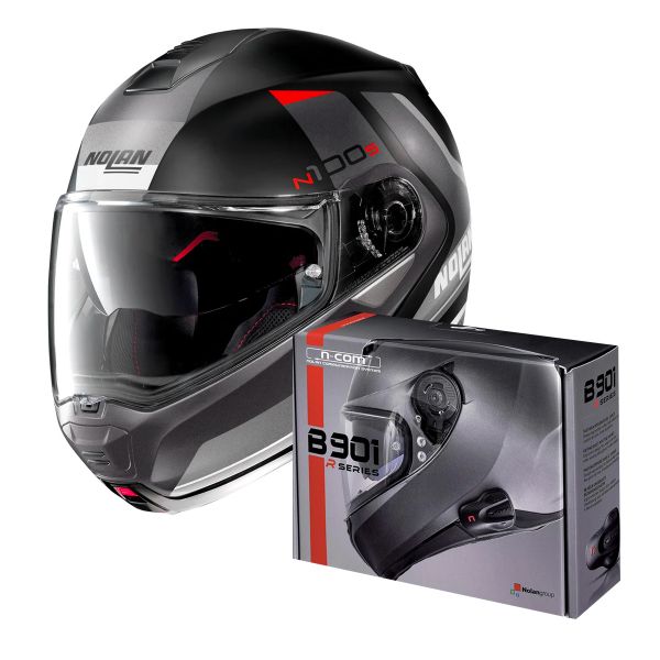 Casque Modulable Nolan N100 5 Hilltop N-Com Flat Black Grey 47 + Kit Bluetooth B902 R