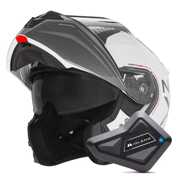 Casque Modulable NOX N968 Tomak White Red + Kit Bluetooth BT Mini