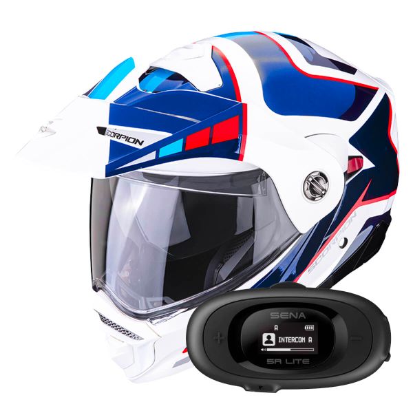 Casque Modulable Scorpion ADX-2 Camino Pearl White Blue Red + Kit bluetooth 5R Lite