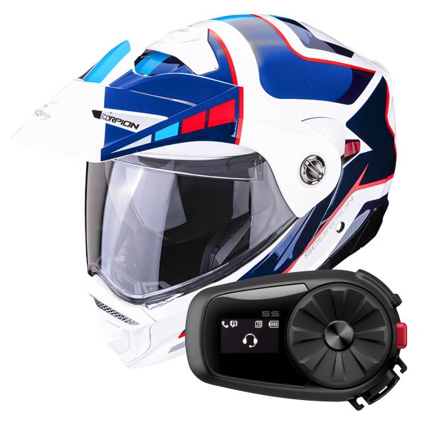 Casque Modulable Scorpion ADX-2 Camino Pearl White Blue Red + Kit Bluetooth 5S