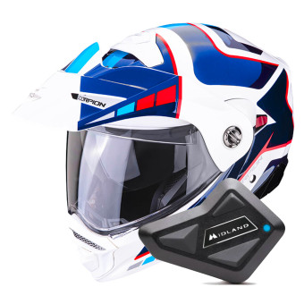 Casque Modulable Scorpion ADX-2 Camino Pearl White Blue Red + Kit Bluetooth BT Mini