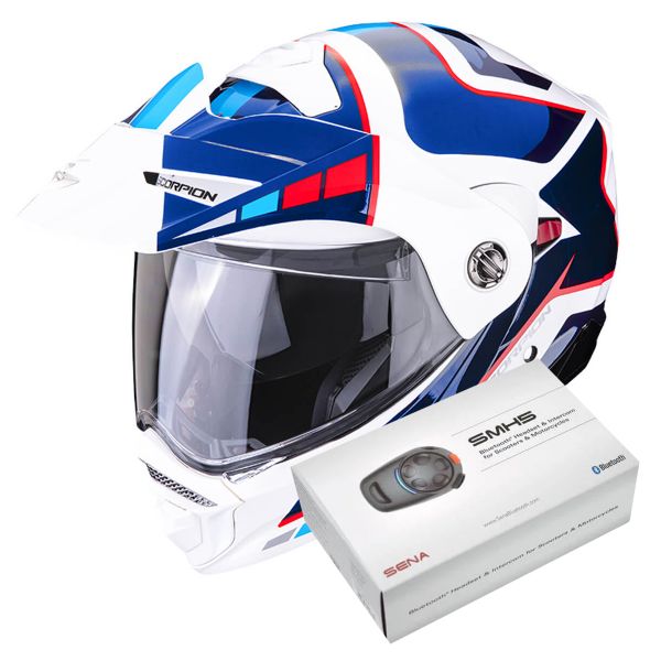 Casque Modulable Scorpion ADX-2 Camino Pearl White Blue Red + Kit Bluetooth SMH5
