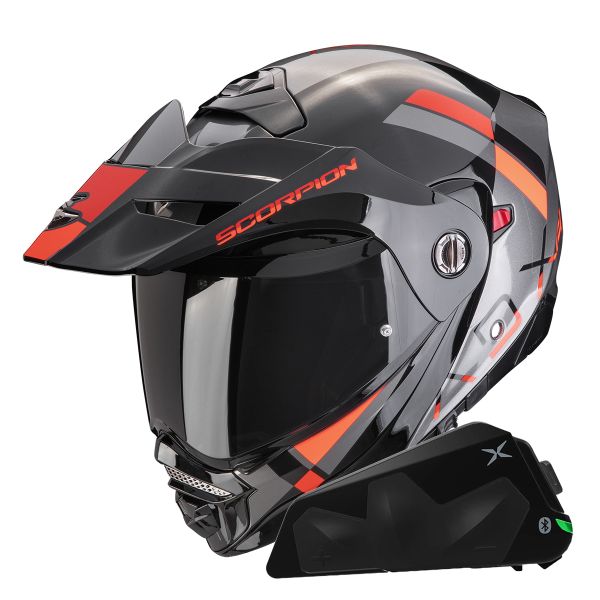 Casque Modulable Scorpion ADX-2 Galane Silver Black Red + Kit bluetooth Exo-Com Link-1C Solo