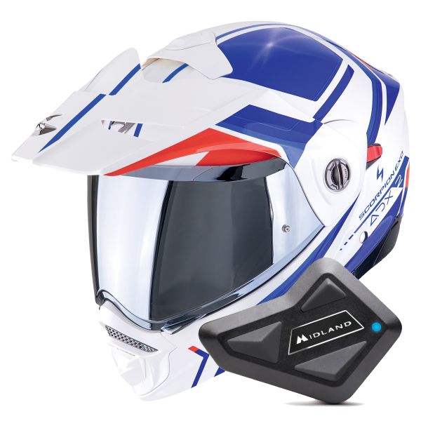 Casque Modulable Scorpion ADX-2 Lewis White Blue Red + Kit Bluetooth BT Mini Casque Modulable Scorpion ADX-2 Lewis White Blue Red + Kit Bluetooth BT Mini