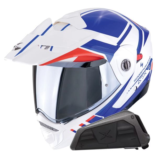 Casque Modulable Scorpion ADX-2 Lewis White Blue Red + Kit bluetooth Exo-Com Link-1 Solo Casque Modulable Scorpion ADX-2 Lewis White Blue Red + Kit bluetooth Exo-Com Link-1 Solo