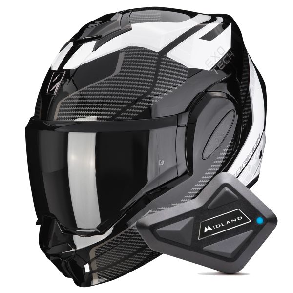 Casque Modulable Scorpion Exo Tech Evo Animo Black White + Kit Bluetooth BT Mini