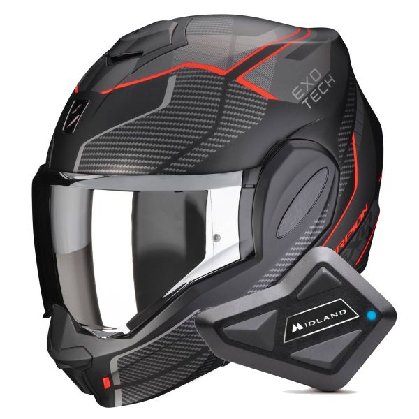 Casque Modulable Scorpion Exo Tech Evo Animo Matt Black Red + Kit Bluetooth BT Mini