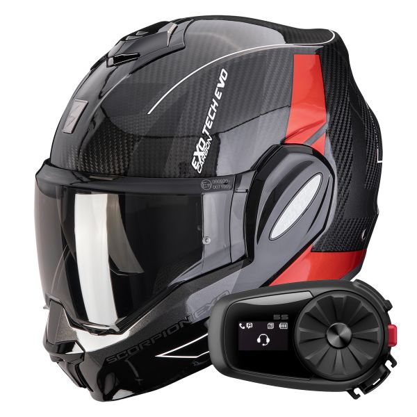 Casque Modulable Scorpion Exo Tech Evo Carbon CAD Black Red + Kit Bluetooth 5S