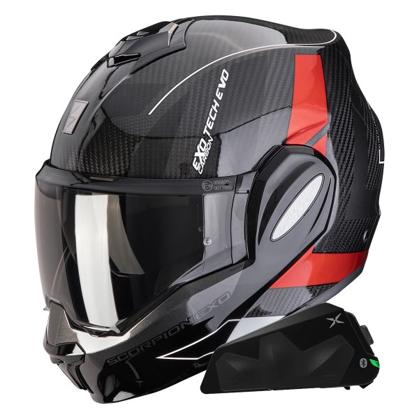 Casque Modulable Scorpion Exo Tech Evo Carbon CAD Black Red + Kit bluetooth Exo-Com Link-1C