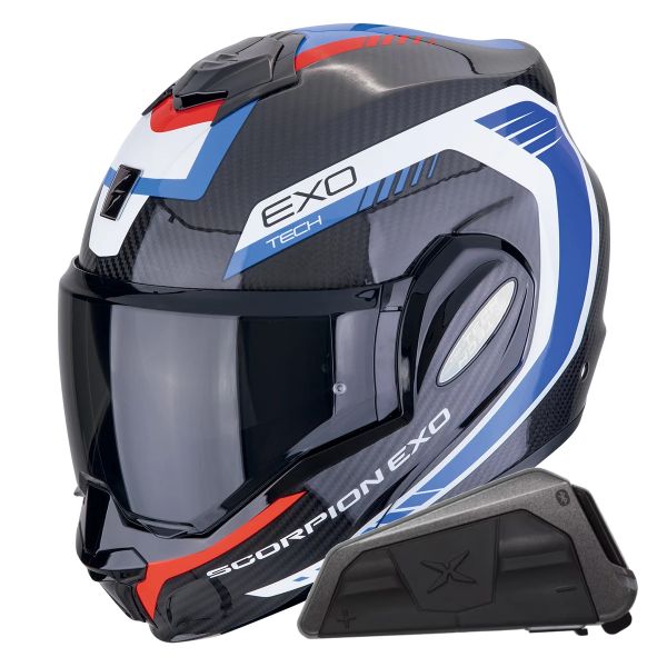 Casque Modulable Scorpion Exo Tech Evo Carbon Cosy Black Blue + Kit bluetooth Exo-Com Link-1