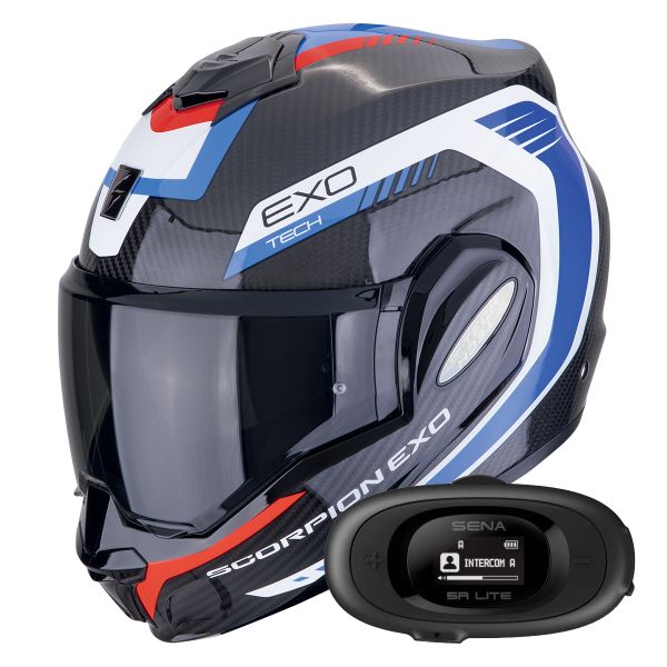 Casque Modulable Scorpion Exo Tech Evo Carbon Cosy Black Blue Red + Kit bluetooth 5R Lite